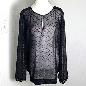 The Limited Sheer Black Top with Sequin Fringe Designs, Size XL